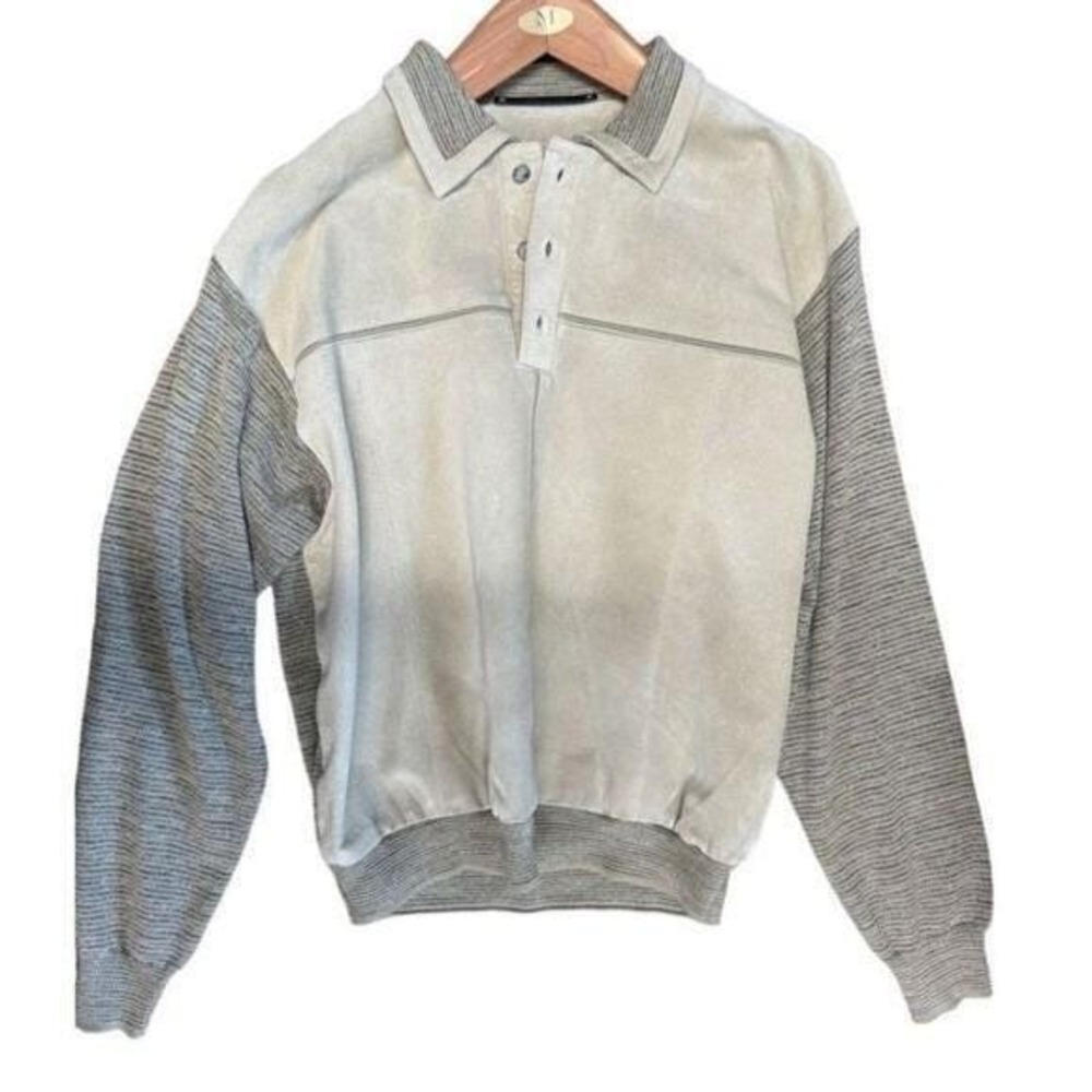 Vintage Saxony‎ Mens Medium Tan Suede Knit Sweater Collared Pullover Lined